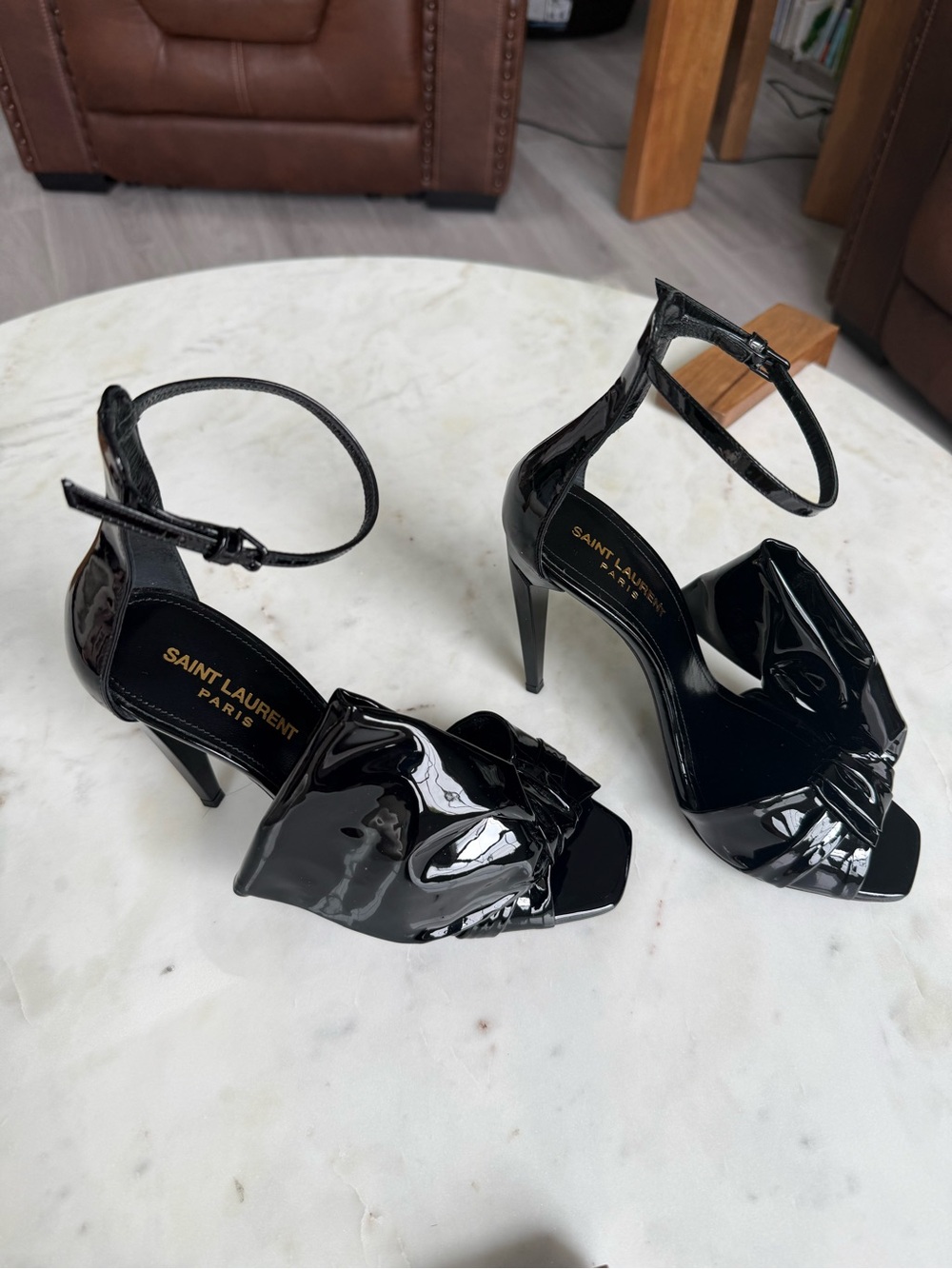 Yves Saint Laurent Black Patent Leather Bow Knotted Ankle-Strap Heels